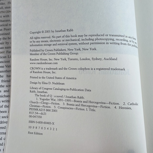 The Book of Q - Jonathan Rabb. 2001 First Edition Hardcover Fiction - Picture 3 of 9